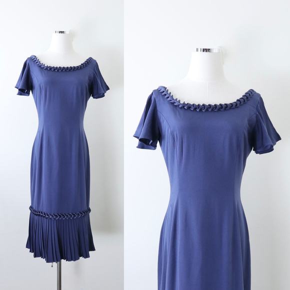 Roland Nivelais Size 6 100% Silk Sheath Cocktail Dress Pleated Hem Navy Blue - Picture 1 of 14